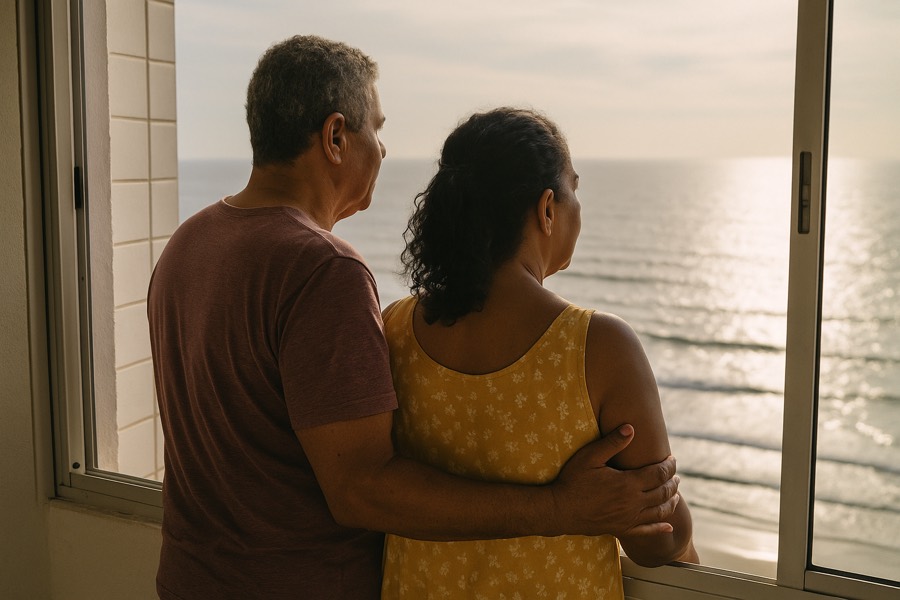 Casal na janela de um apartamento olhando o mar no fim da tarde